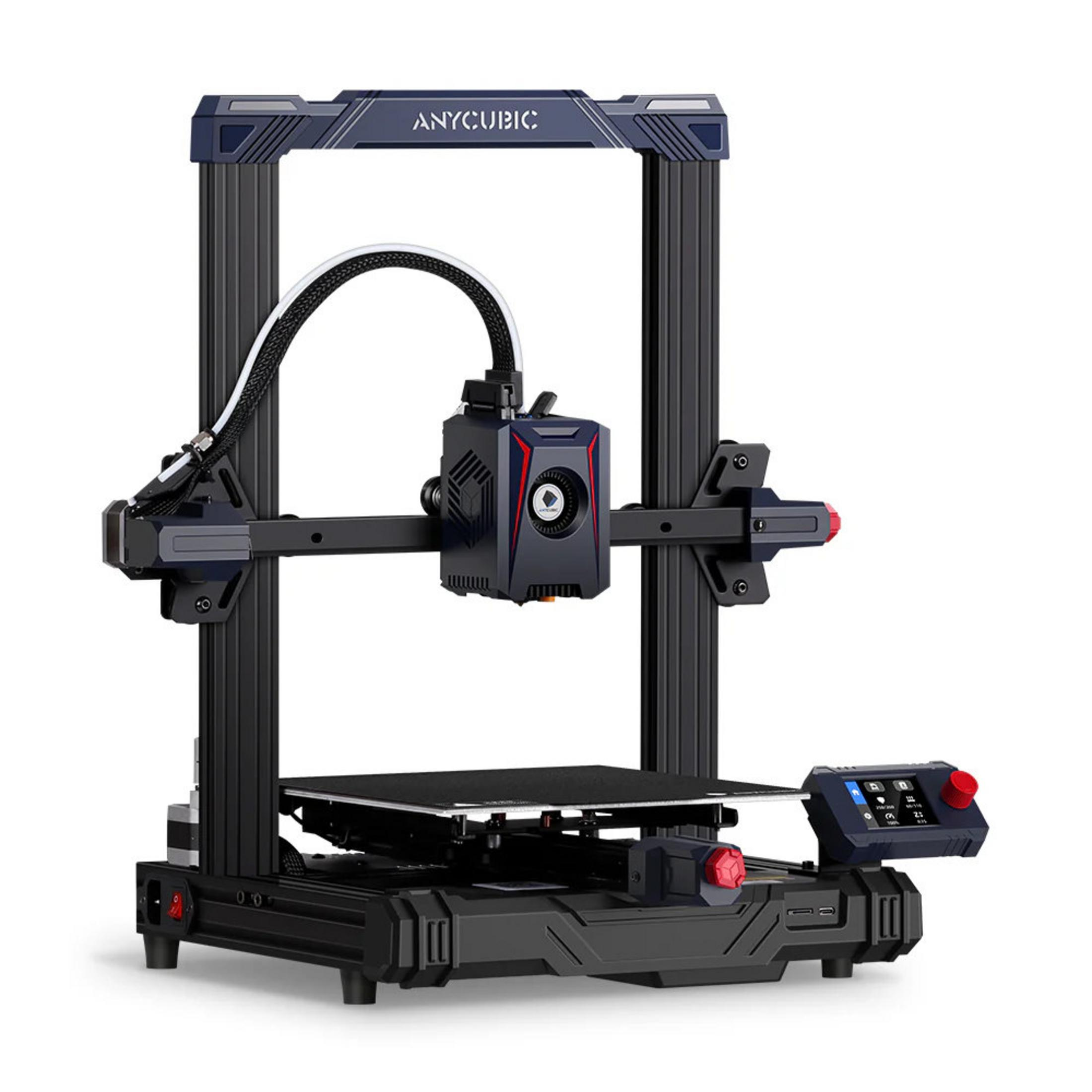 Stampante 3D Anycubic blu con telaio nero, piatto di stampa e schermo di controllo su sfondo bianco.