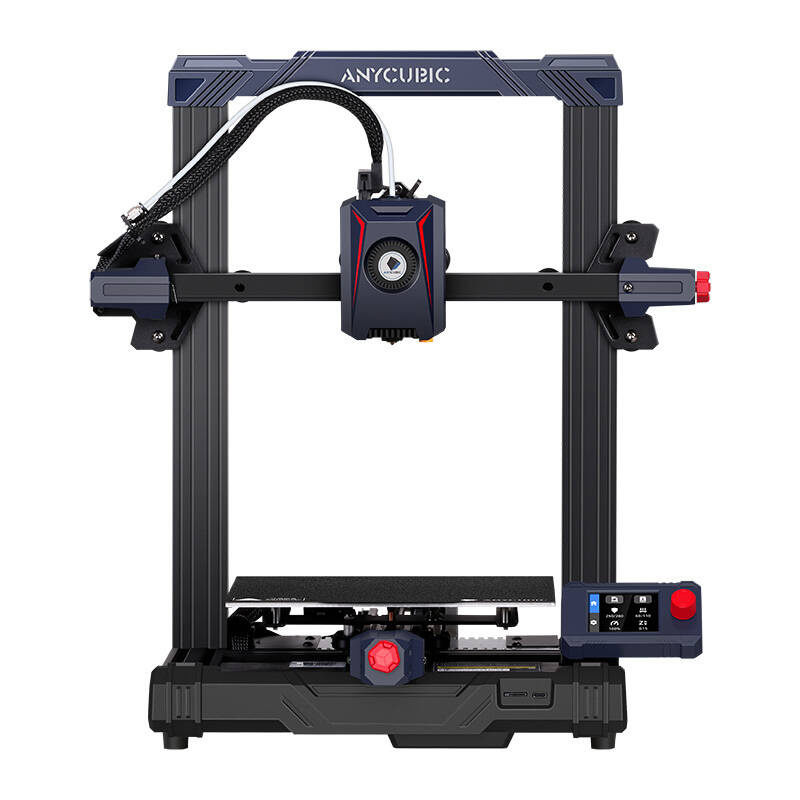 Stampante 3D grigia con piatto di stampa nero e display digitale su sfondo bianco.