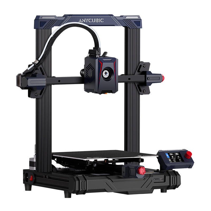 Una stampante 3D Anycubic con telaio in metallo nero, piatto di stampa nero e pannello di controllo su sfondo bianco.