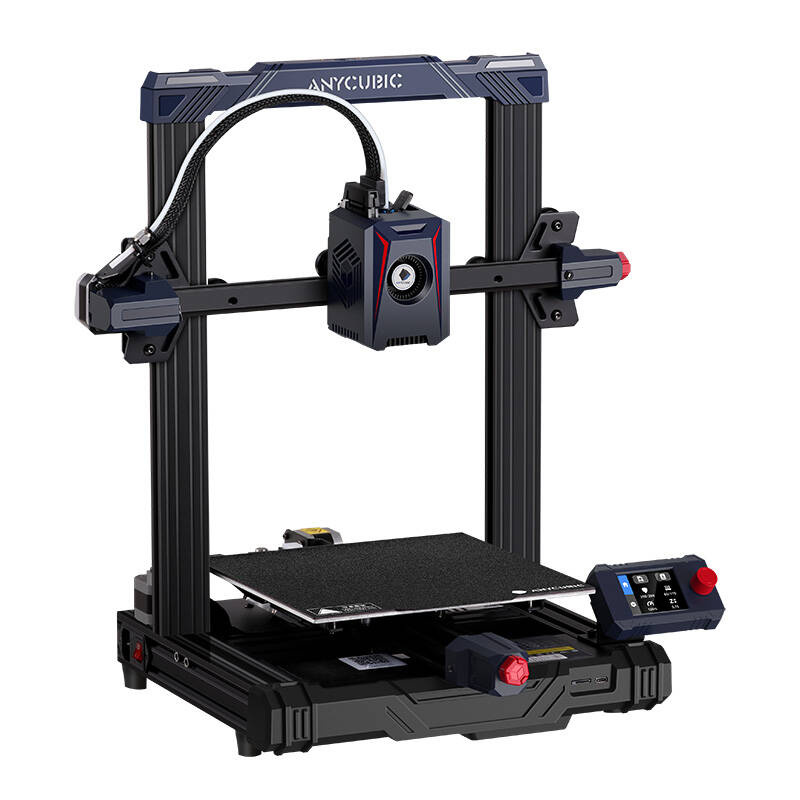 Una stampante 3D Anycubic blu e nera su sfondo bianco.