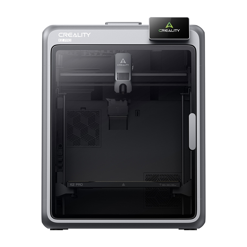Stampante 3D Creality K2 Pro con elegante corpo grigio, porta in vetro e touchscreen digitale.