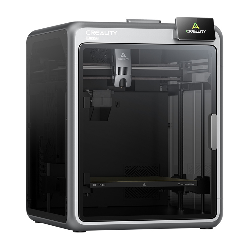 Stampante 3D Creality K2 Pro con custodia chiusa e display su sfondo bianco.