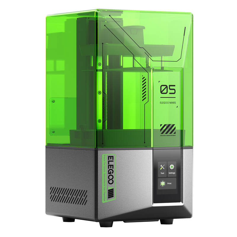 Una stampante 3D Elegoo Mars con coperchio verde brillante e base grigia.