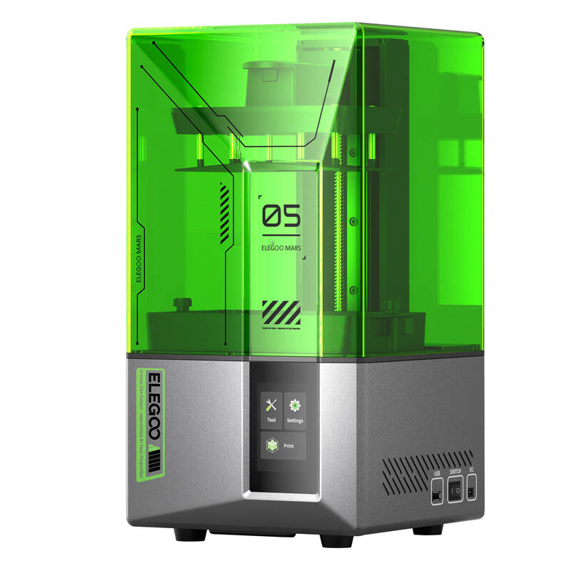 Una stampante 3D Elegoo Mars con base grigia e coperchio acrilico verde.