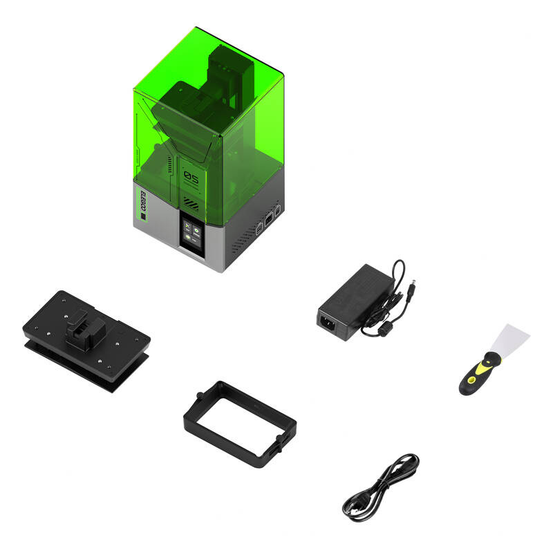 Stampante 3D a resina con coperchio verde, alimentatore, piastra di stampa, raschietto e cavi.