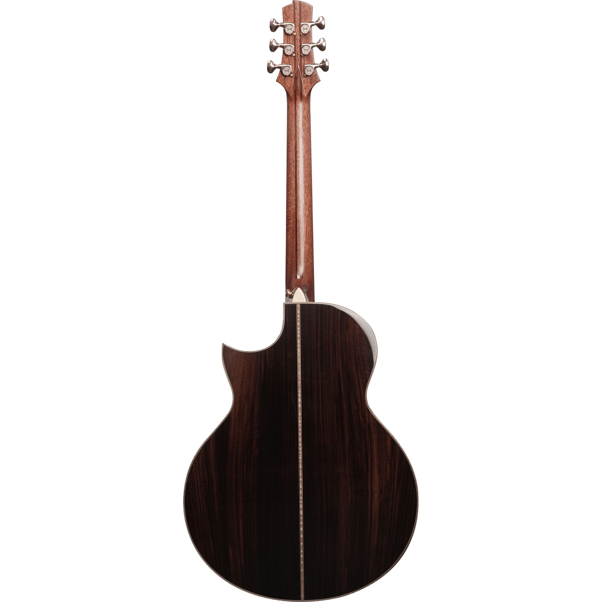 Beyaz arka plan üzerinde kesitli ve gümüş donanımlı koyu ahşap bir akustik gitarın arkası.