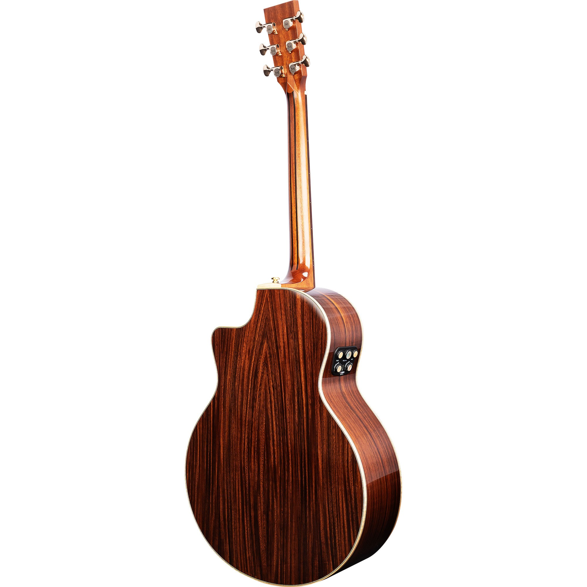 Beyaz arka plan üzerinde koyu ahşap damarlı akustik gitarın arka görünümü.
