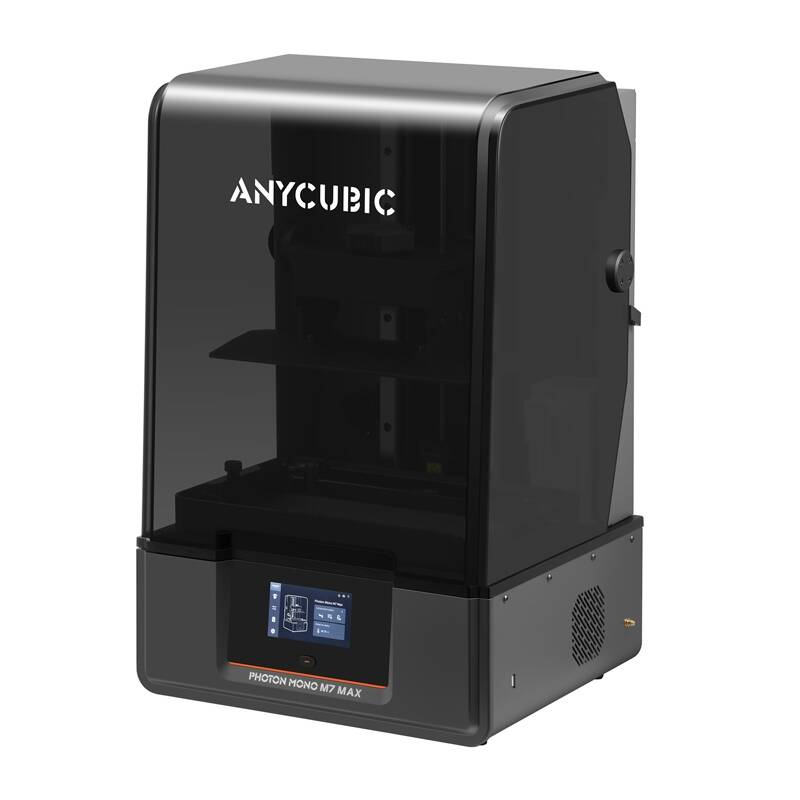 Una stampante 3D nera Anycubic Photon Mono M7 Max con coperchio in vetro fumé e display touchscreen.