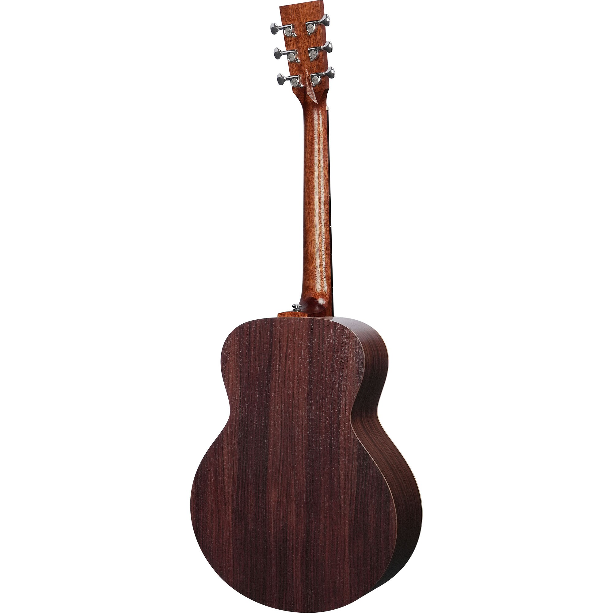 Beyaz arka planda gövdesi, sapı ve krom akort burguları görünen koyu ahşap akustik gitarın arka görünümü.