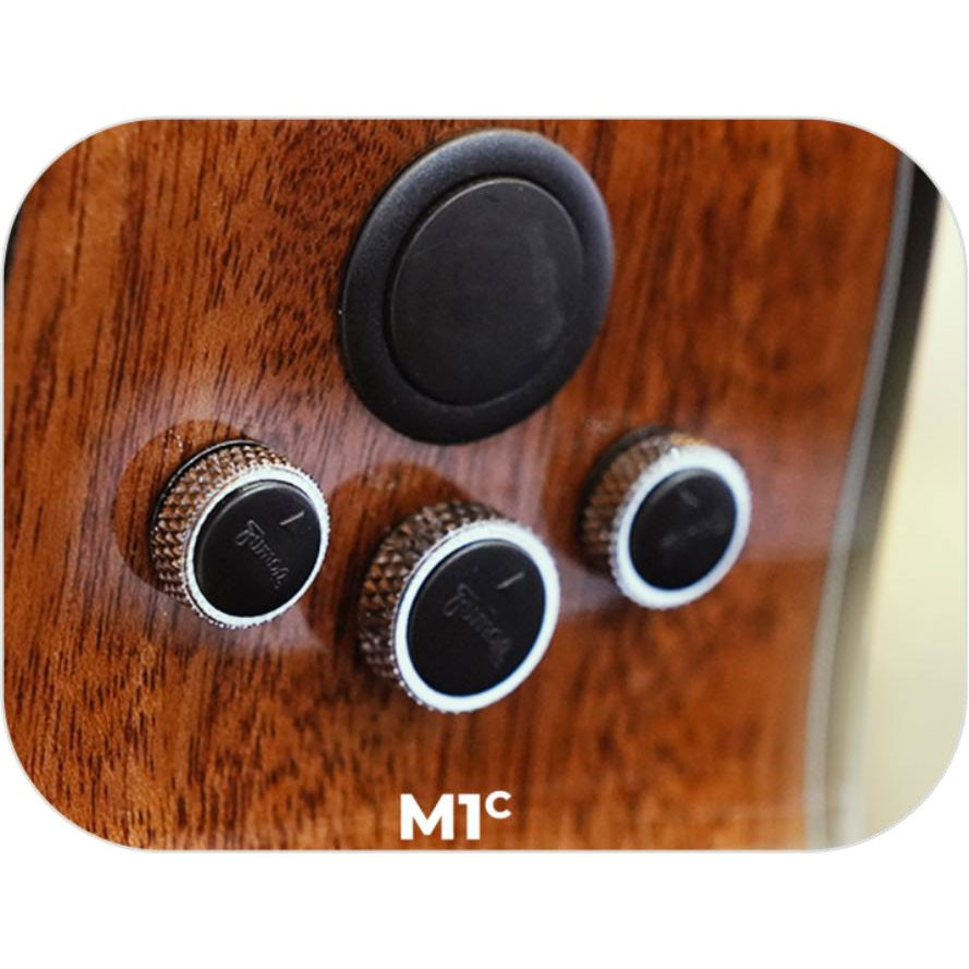 Üç metal düğme, üstte yuvarlak bir düğme ve altta beyaz M1C logosu bulunan ahşap kontrol paneli.