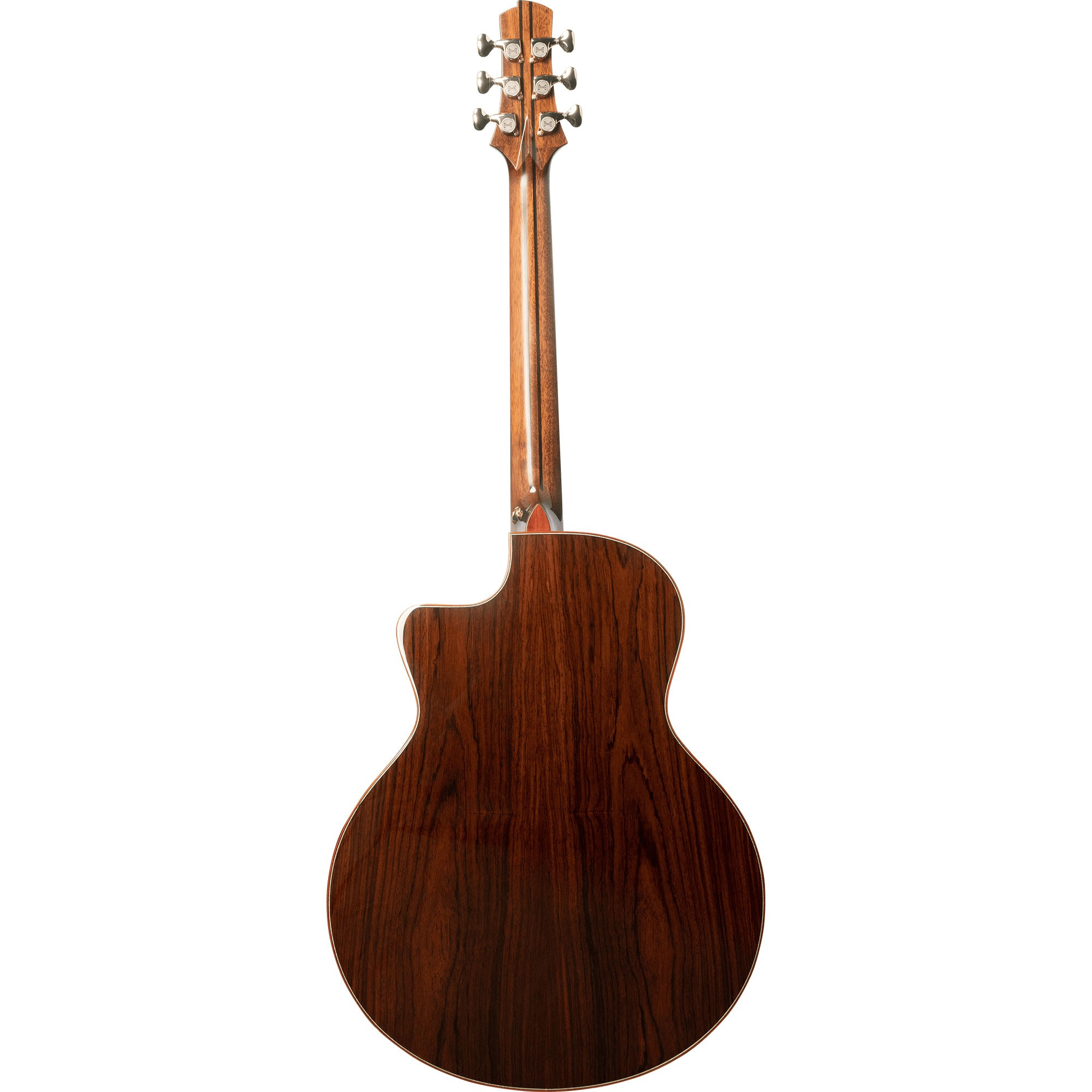Beyaz arka planda koyu ahşap ve gümüş akort burgularıyla akustik gitarın arkası.
