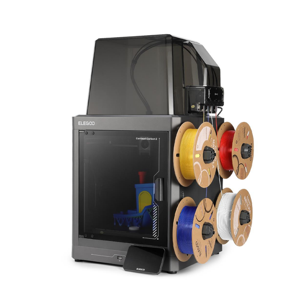 Stampante 3D Elegoo con custodia nera e quattro bobine di filamento giallo, rosso, blu e bianco sul lato.