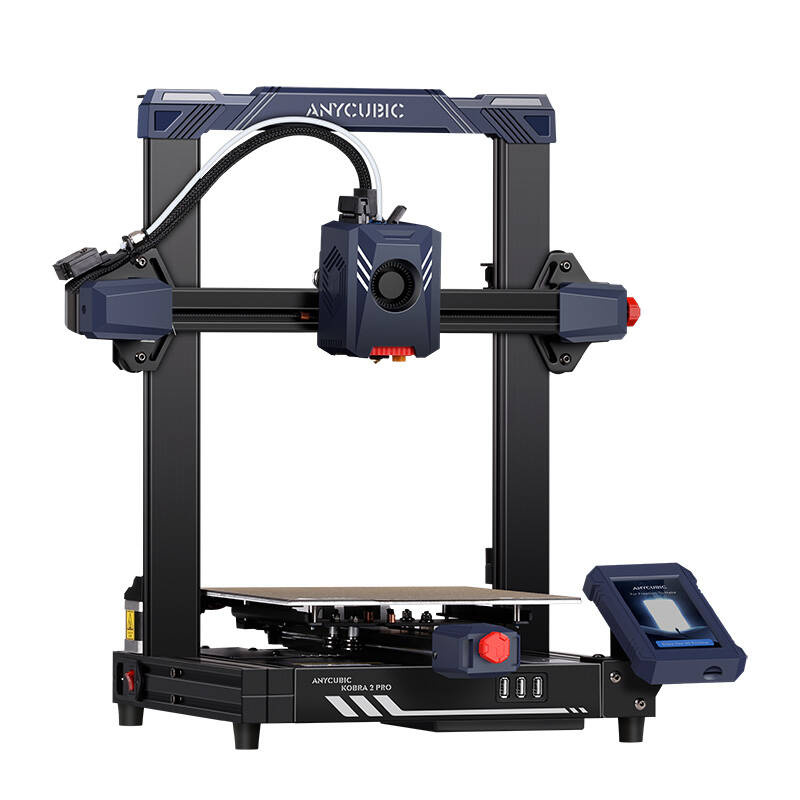 Una stampante 3D Anycubic Kobra 2 Pro nera e blu su sfondo bianco.