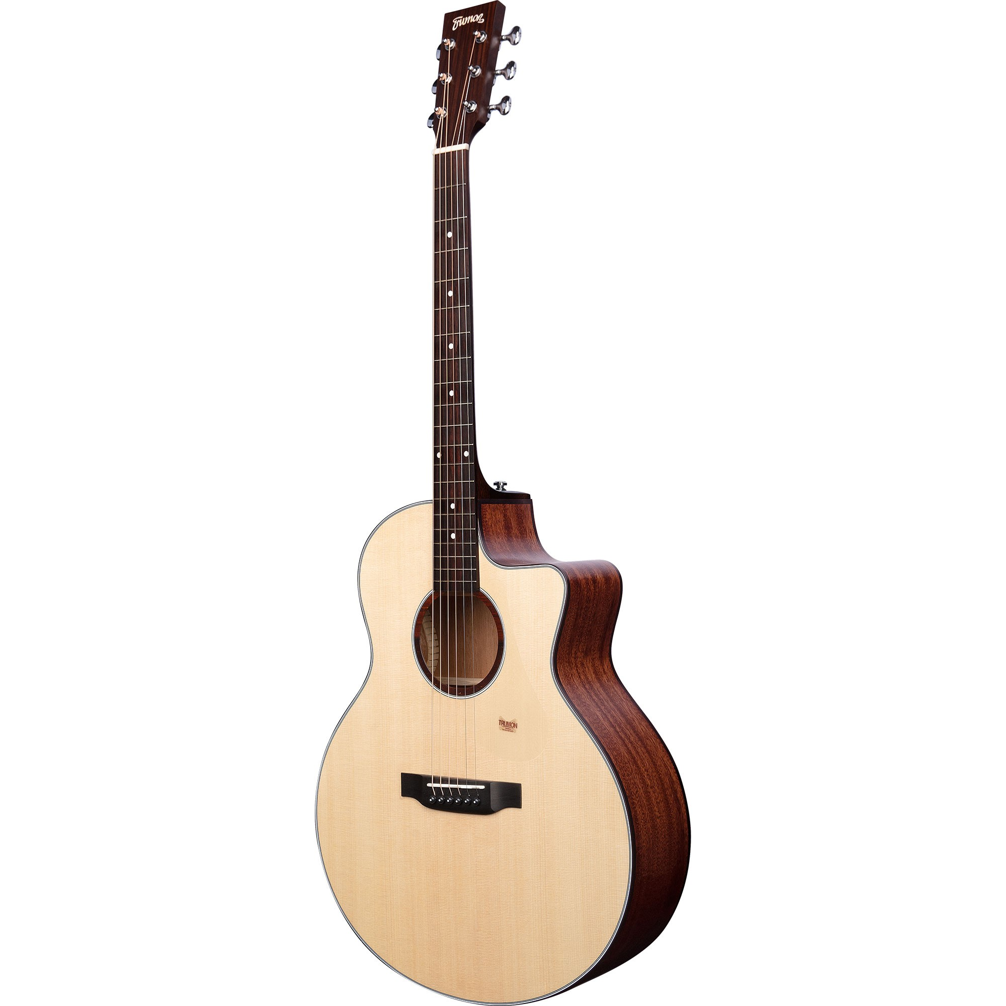 Beyaz arka planda açık renk kapaklı ve koyu ahşap gövdeli akustik gitar.