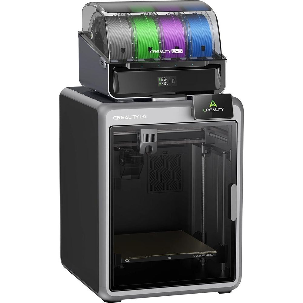 Stampante 3D Creality K2 con un sistema di alimentazione del filamento multicolore.