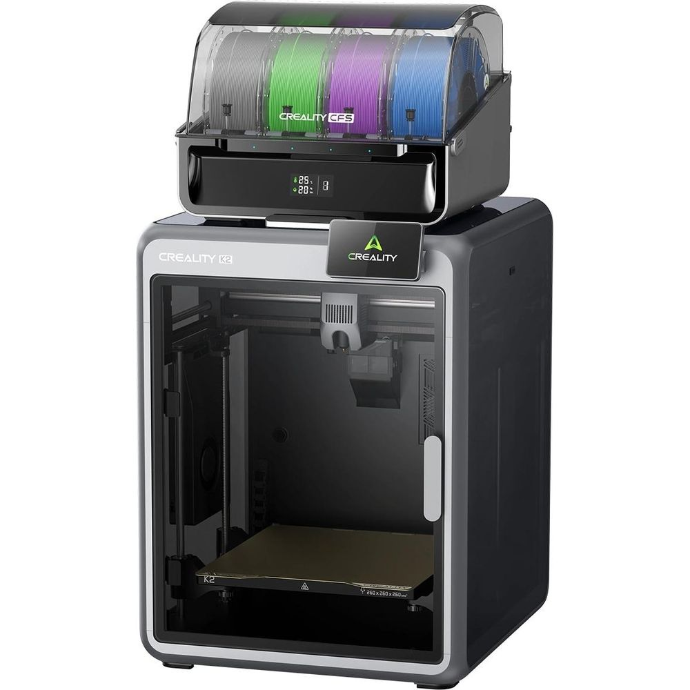 Moderna stampante 3D Creality K2 grigia con scatola per filamenti multicolore.