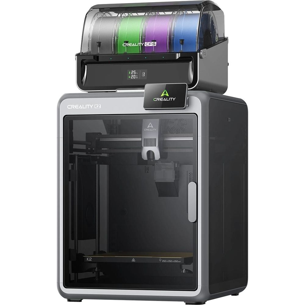 Stampante 3D Creality K2 con un sistema di cambio filamento sopra.