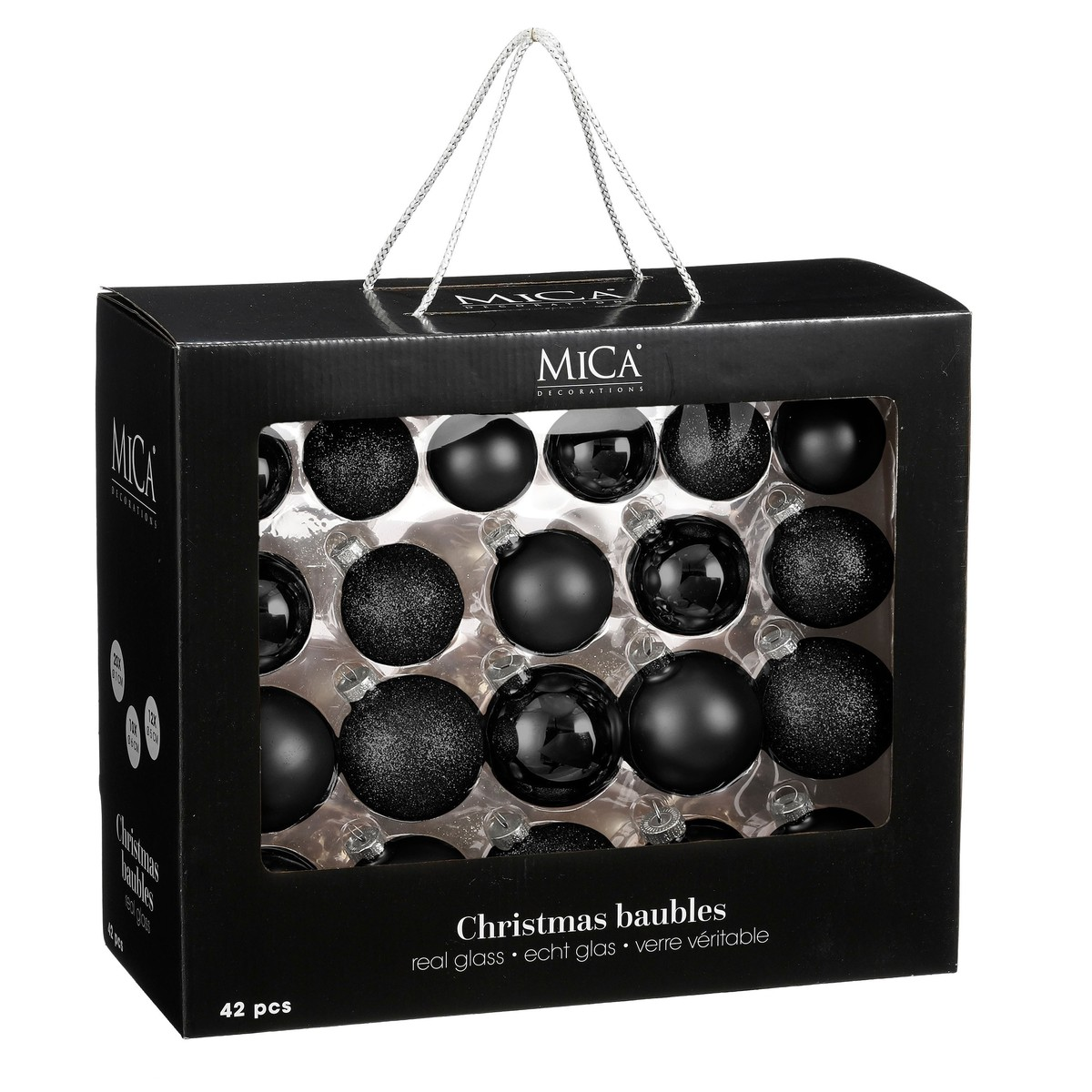 Een zwarte verpakking met 42 zwarte glazen kerstballen en een zilveren handvat.
