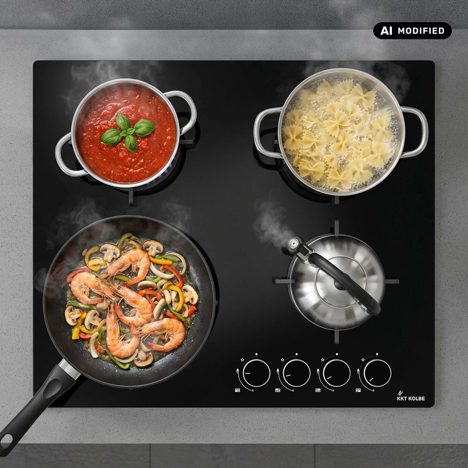Piano cottura a induzione nero con pentole, padella con gamberi, pasta bollente e teiera.