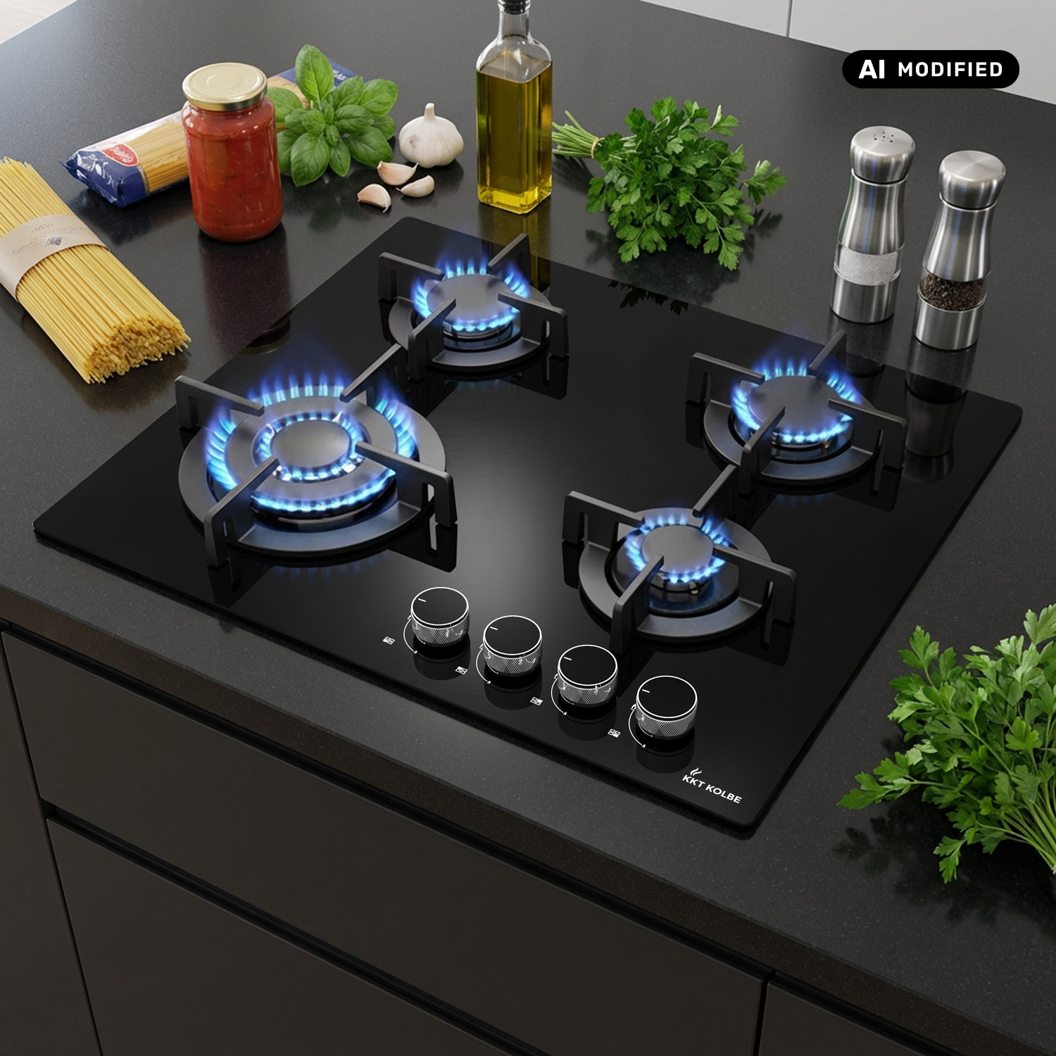 Un piano cottura a gas nero su un piano di lavoro scuro con fiamme accese e ingredienti da cucina intorno.