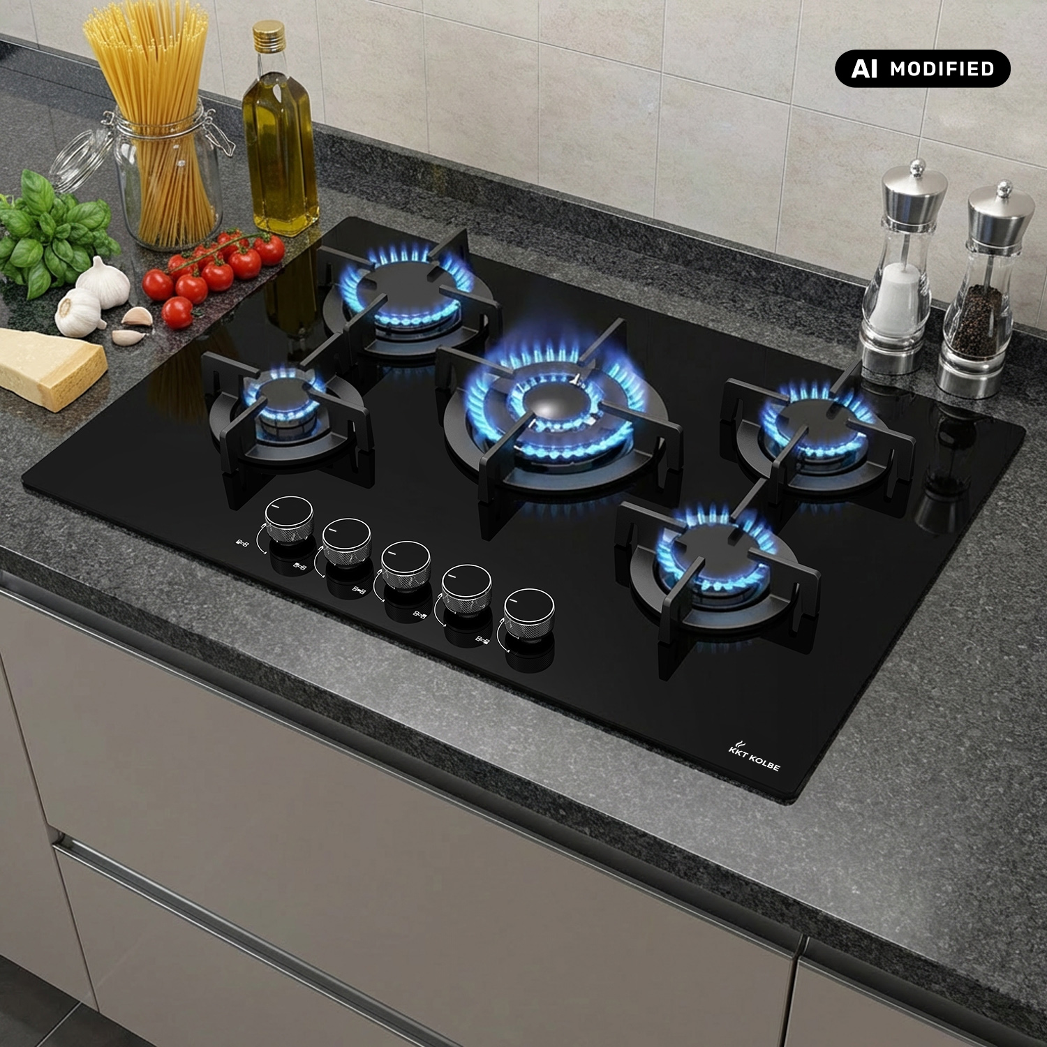 Un piano cottura a gas nero con fiamme blu accese su un piano in granito con ingredienti da cucina.