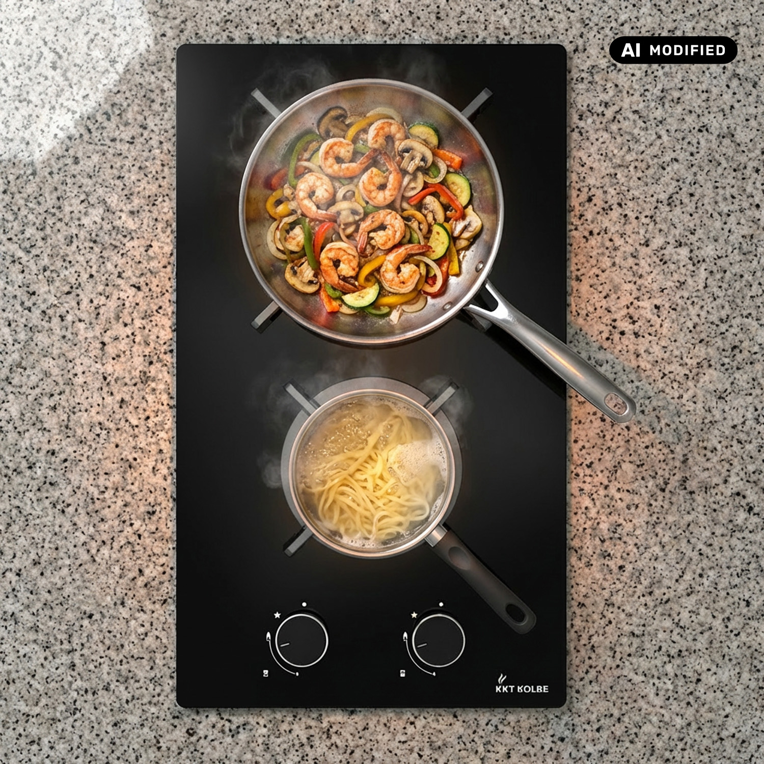 Una padella con gamberi e verdure e una pentola di pasta cuociono su un piano cottura a induzione.