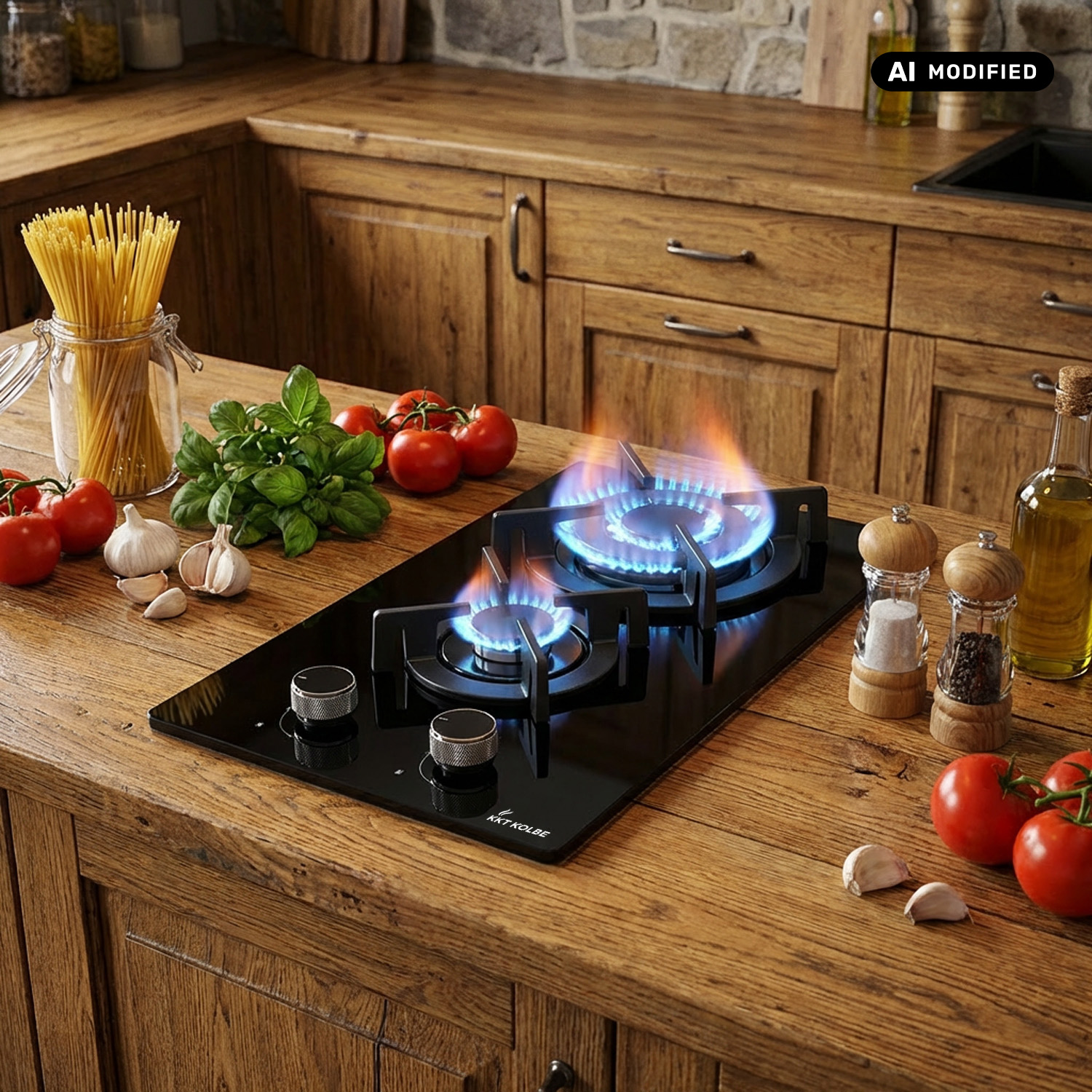 Un piano cottura a gas con fiamme accese su un bancone in legno, circondato da pomodori e spezie.