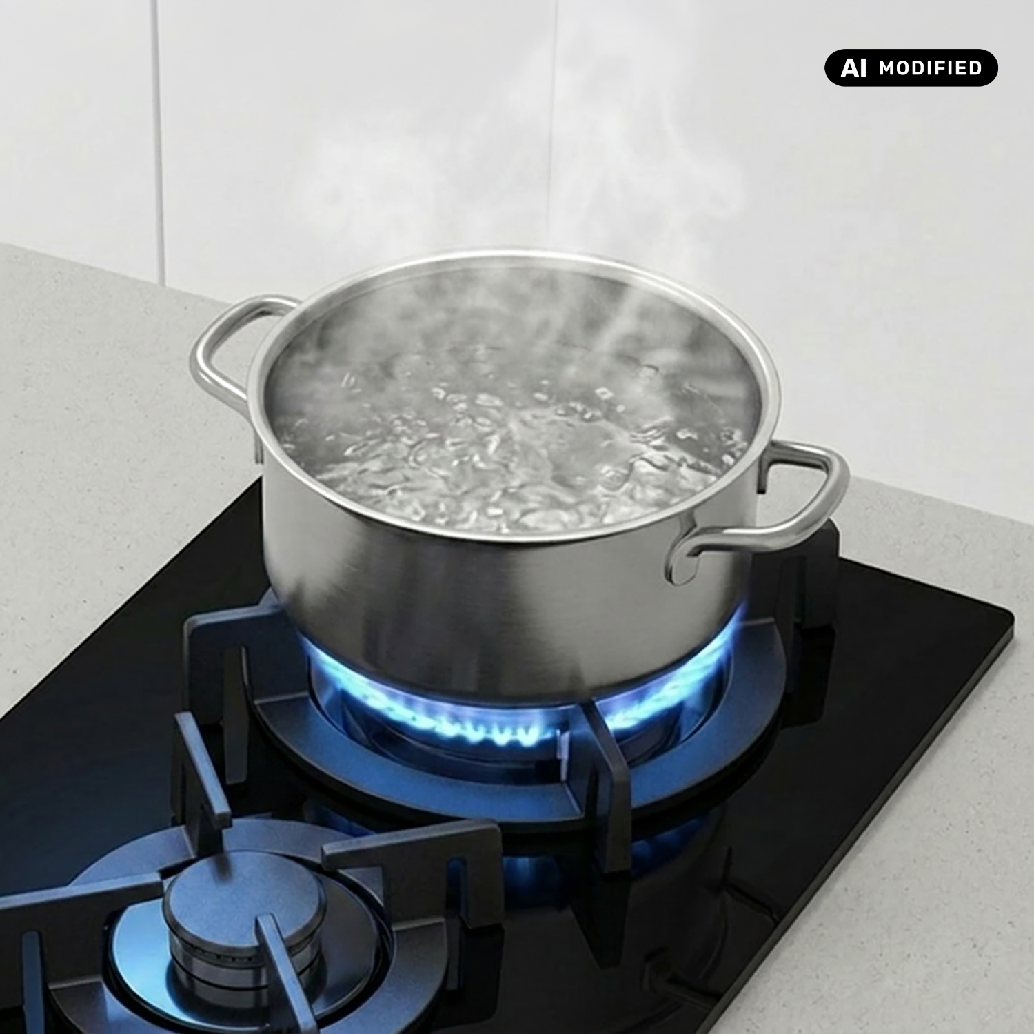 Una pentola d'argento con acqua bollente e vapore è su un brucolatore a gas blu.