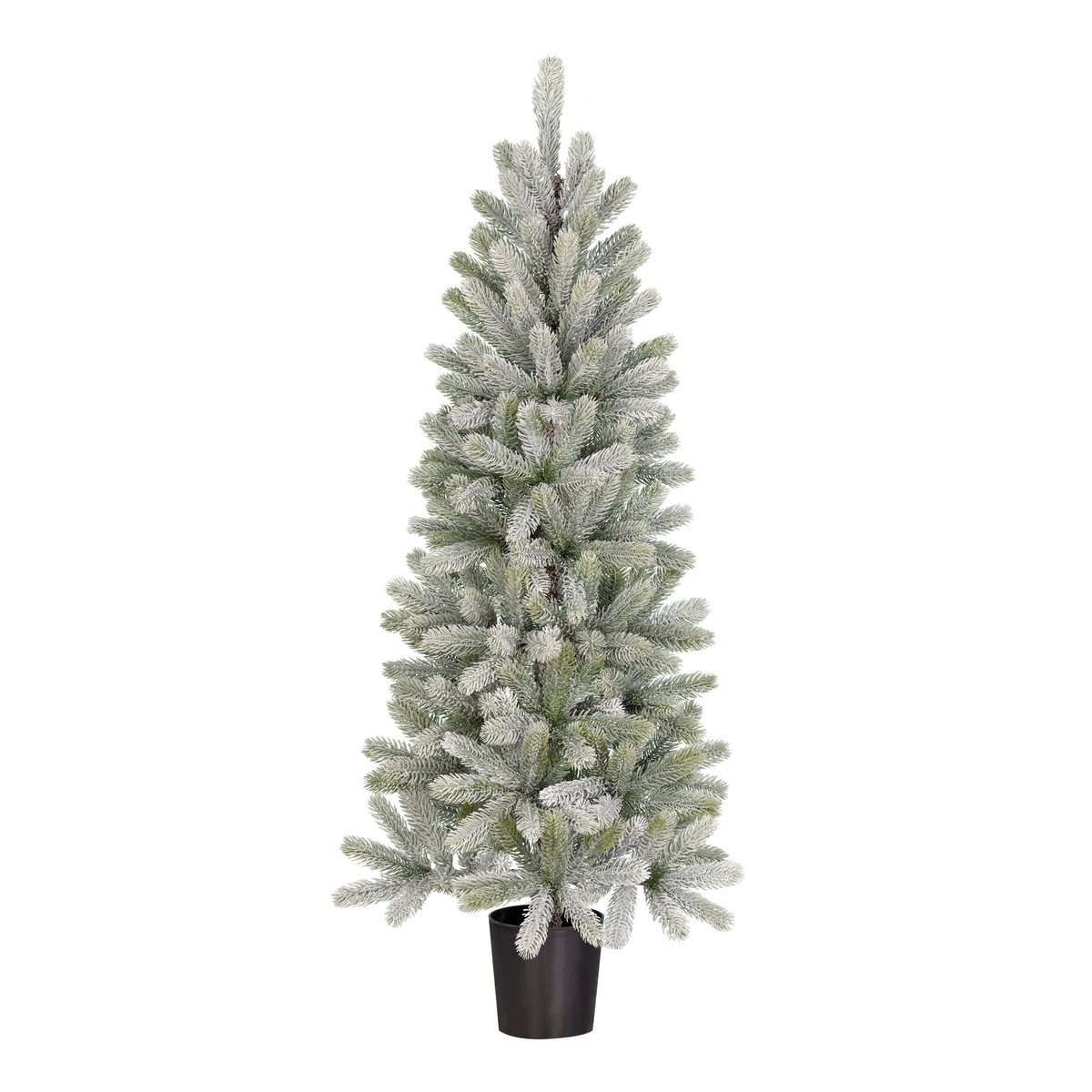 Een kunstmatige, met sneeuw bedompte kerstboom in een zwarte pot tegen een witte achtergrond.