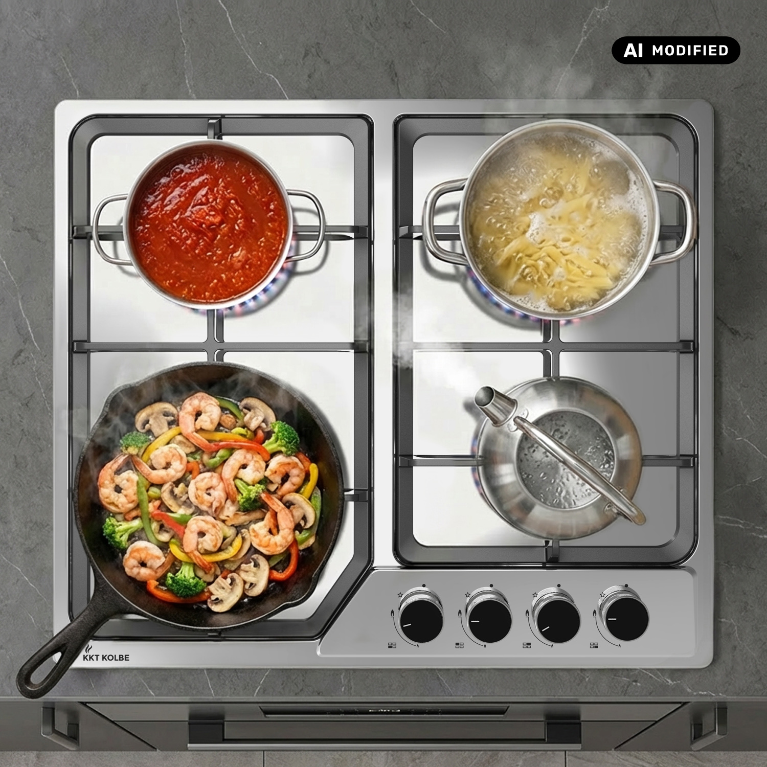 Un piano cottura a gas con pentole di pasta, salsa, un bollitore e una padella con gamberi e verdure.