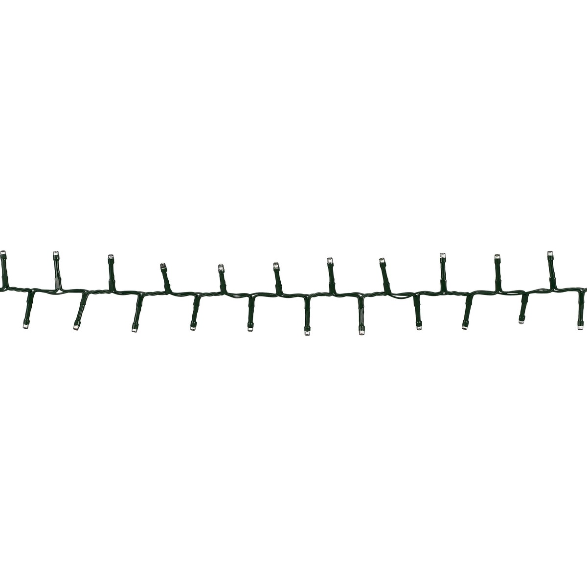Een horizontale lichtketting met groene bedrading en kleine witteLED's op een witte achtergrond.