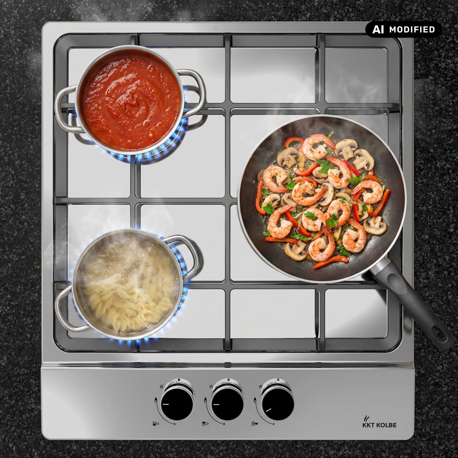 Piano cottura a gas in acciaio inossidabile con pentola, padella e casseruola con pasta bollente e salsa rossa.