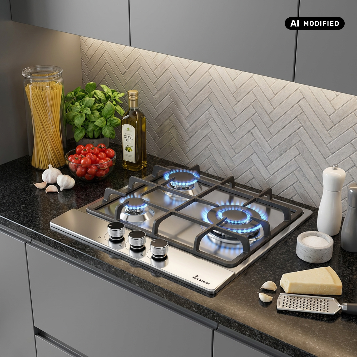 Un piano cottura a gas in acciaio inox con fiamme blu su un bancone nero, affiancato da pasta, olio e formaggio.