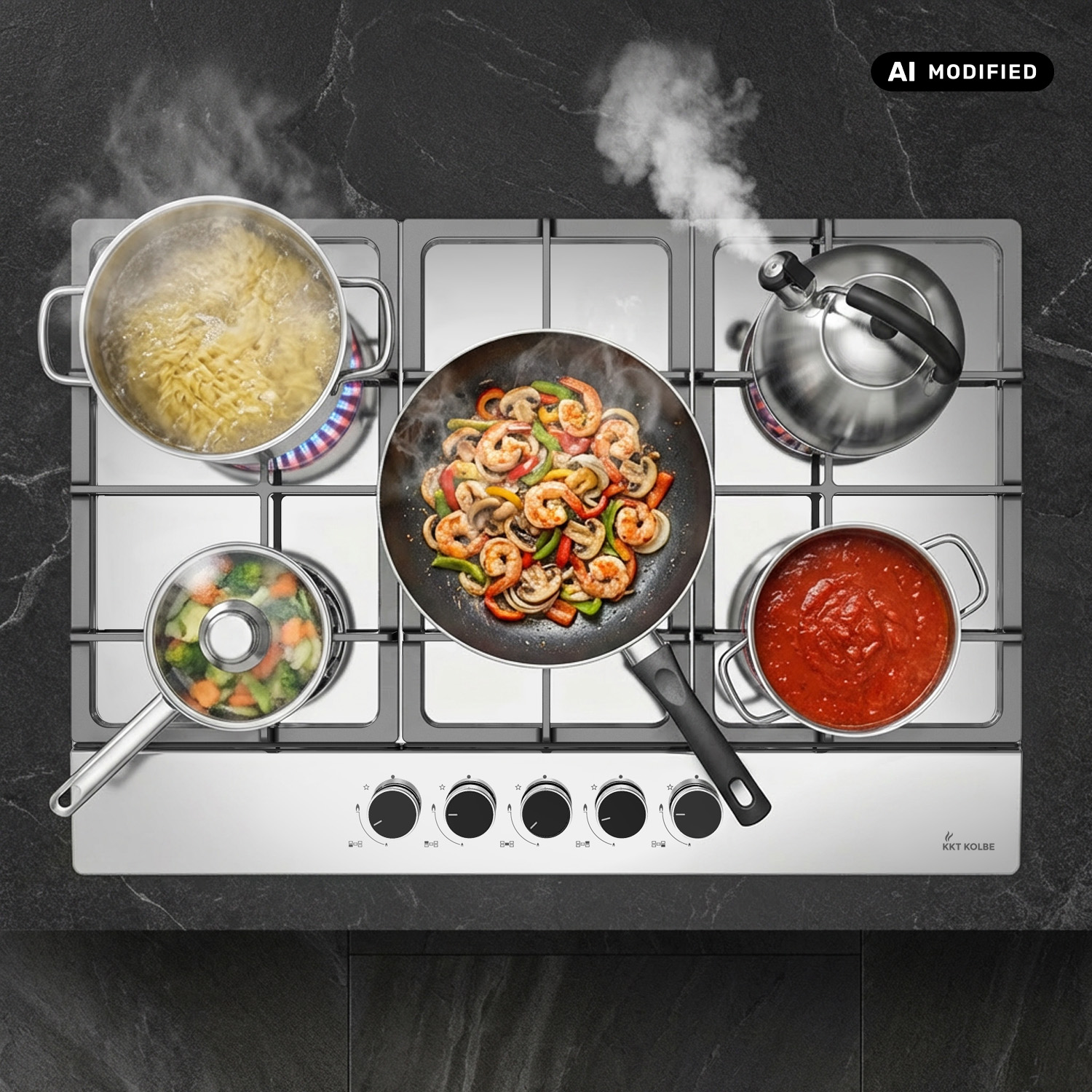 Un piano cottura a gas in acciaio con pasta, gamberi saltati, salsa e un bollitore.