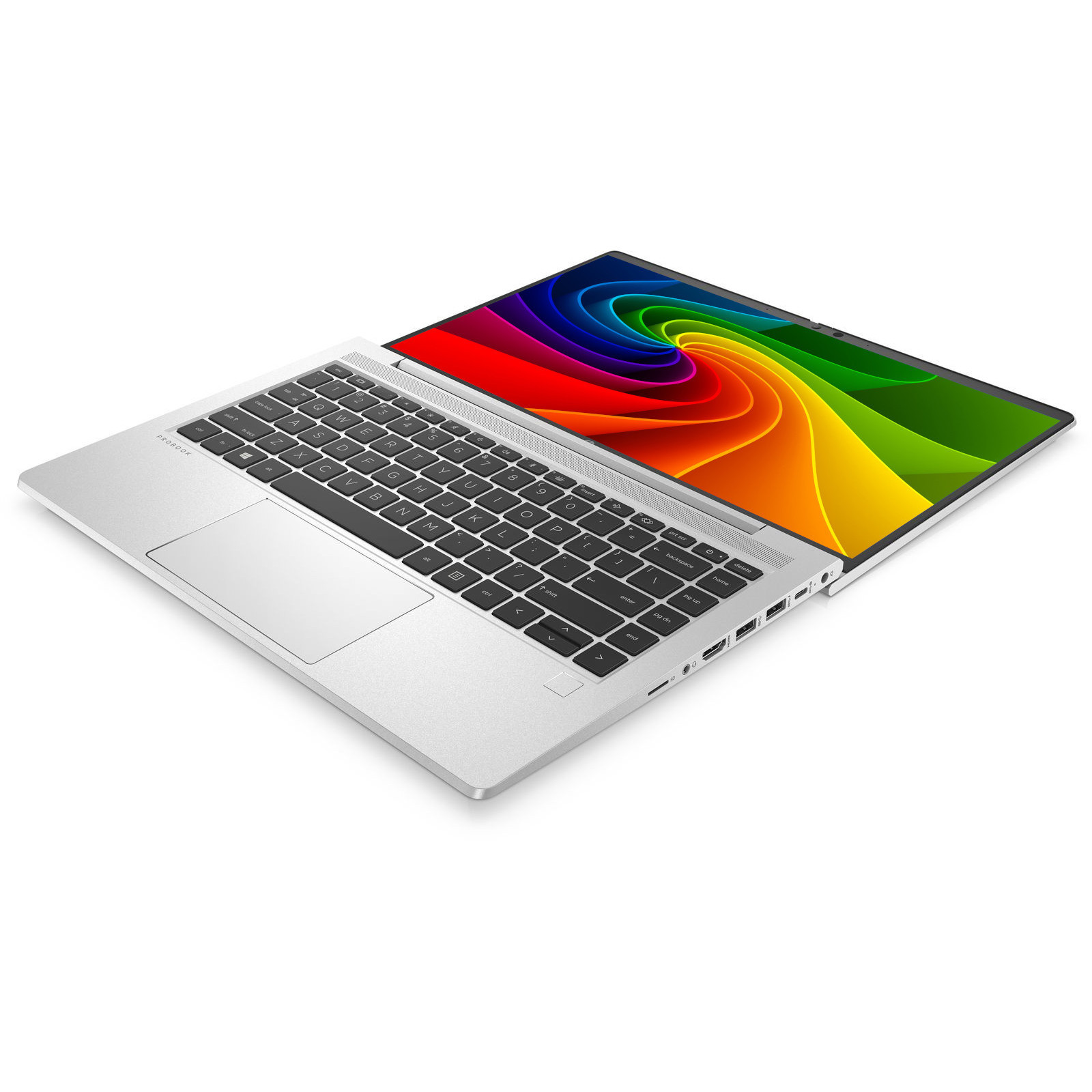 Ein silberner Laptop mit schwarzer Tastatur und einem bunten Spirale-Hintergrundbild auf dem Bildschirm.