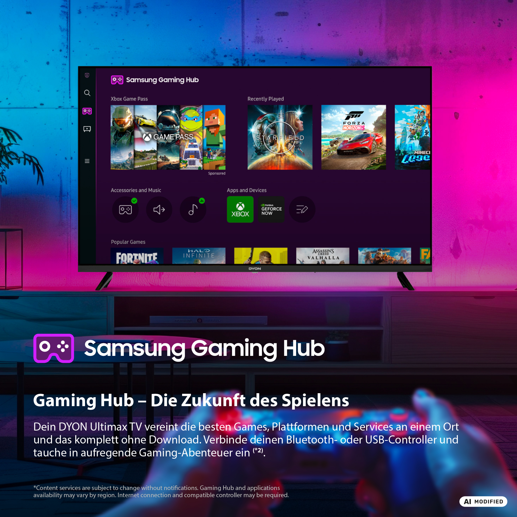 Un televiseur affiche l'interface Samsung Gaming Hub avec des jeux video et des applications dans une piece eclairee au neon.