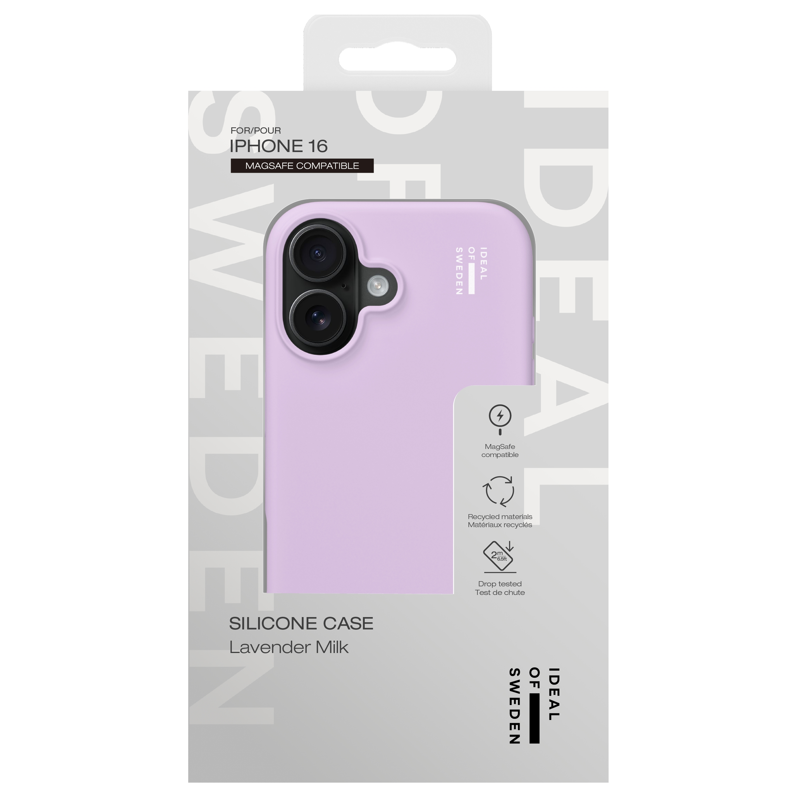 Lila iPhone 16 Silikonhülle in Verpackung mit Text und Symbolen.