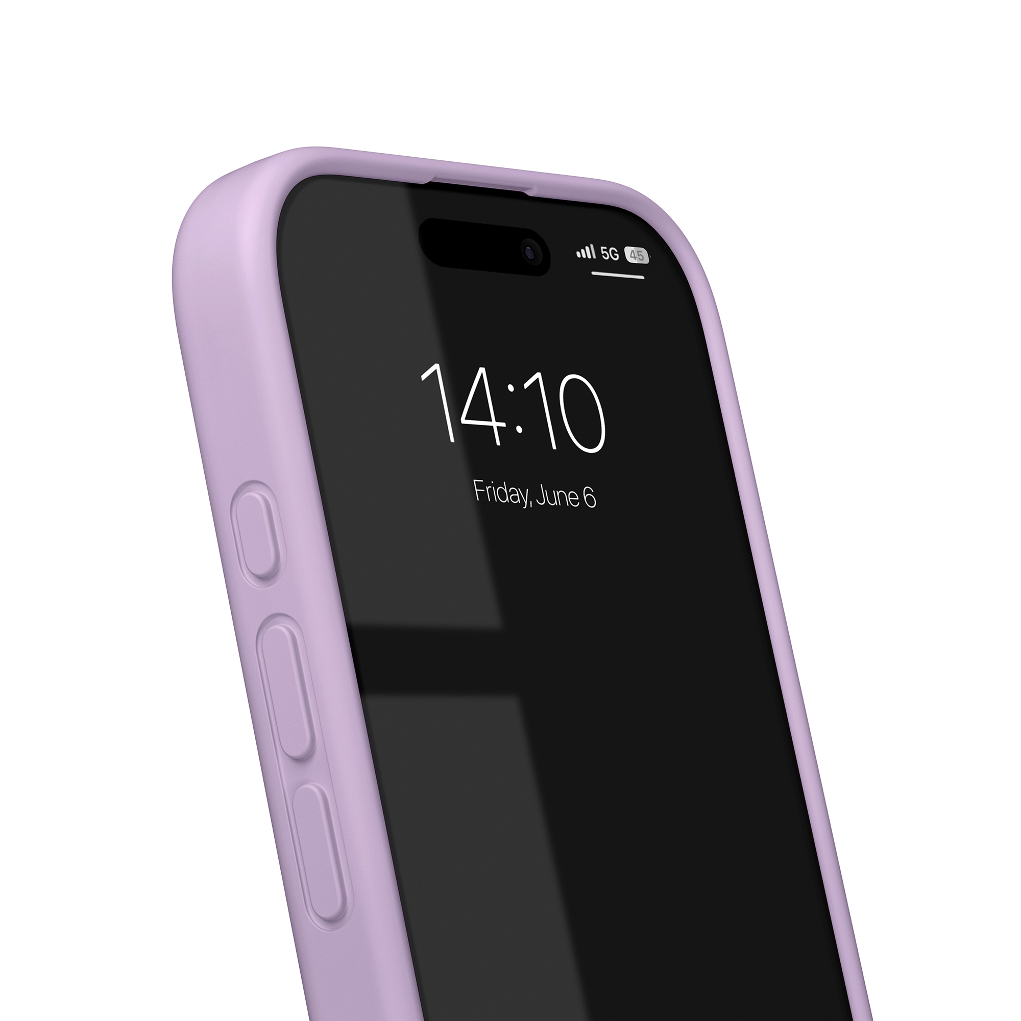 Nahaufnahme eines hellvioletten Smartphones mit schwarzem Display und Datumsanzeige vor weißem Hintergrund.