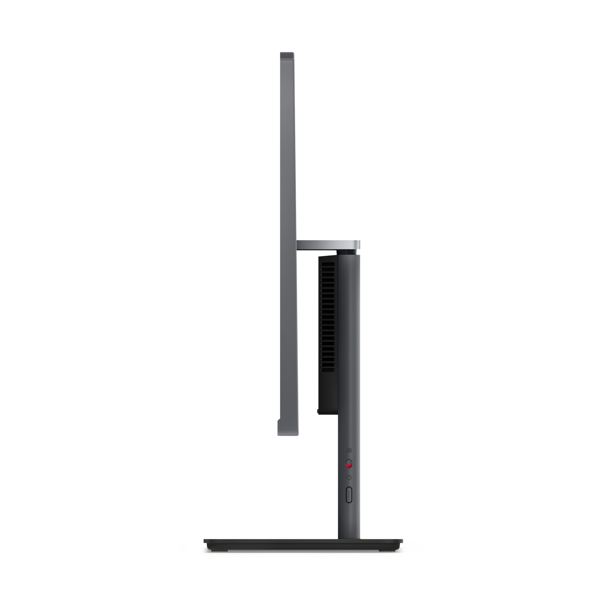 Vista laterale di un monitor per computer grigio sottile con supporto e base rettangolare piatta su sfondo bianco.