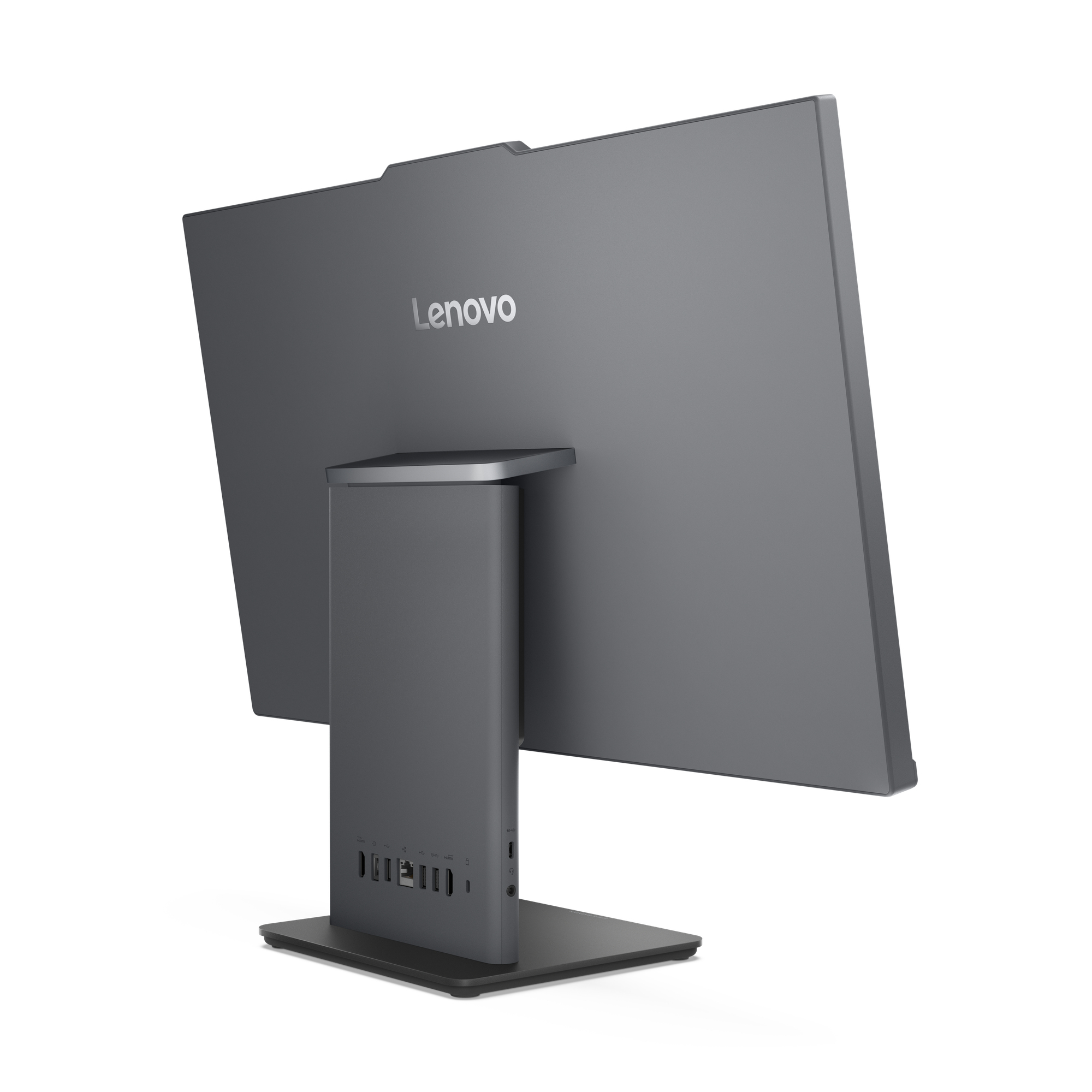 Vista posteriore di un monitor Lenovo grigio con supporto integrato e varie porte.