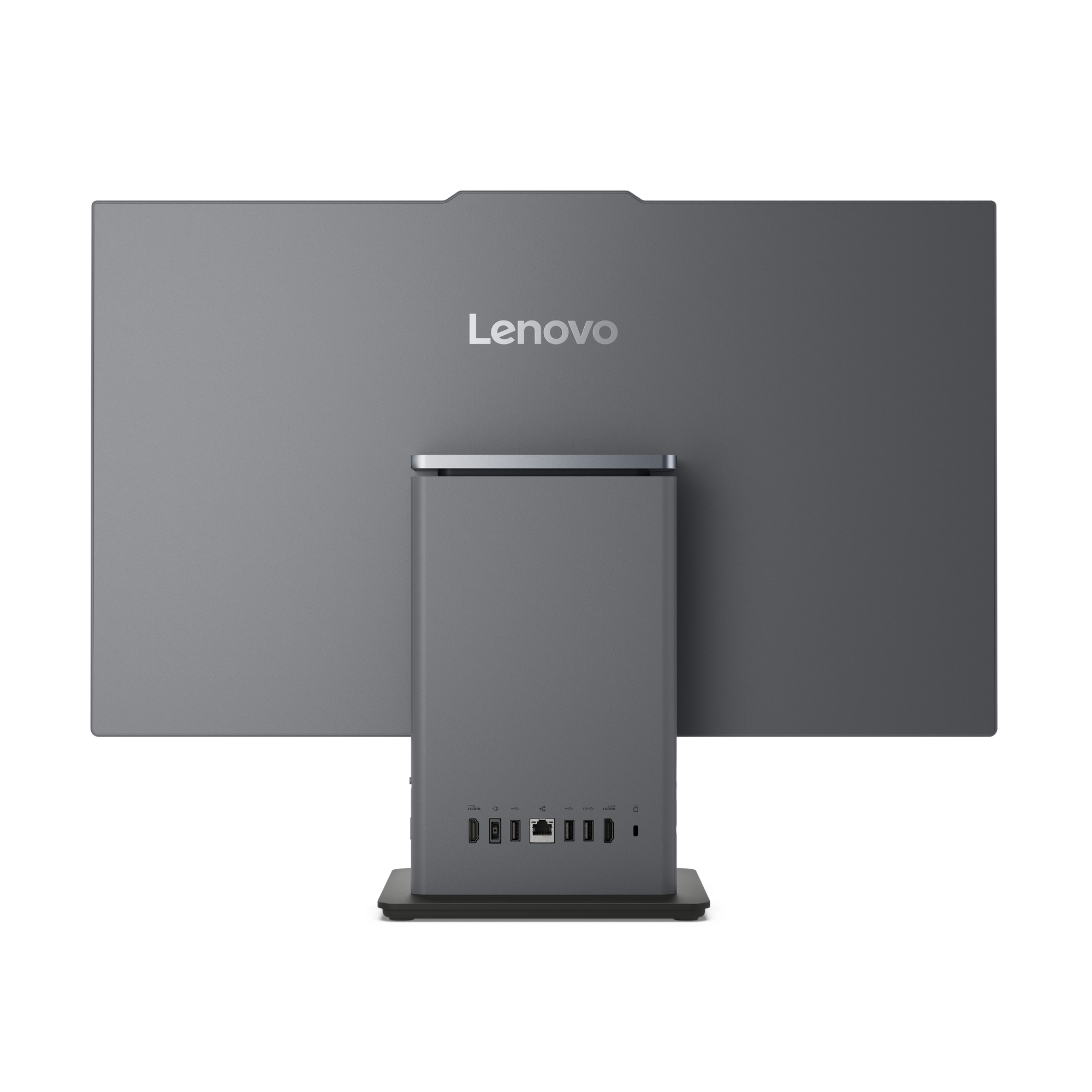 Retro di un monitor grigio Lenovo con supporto e varie porte in basso.