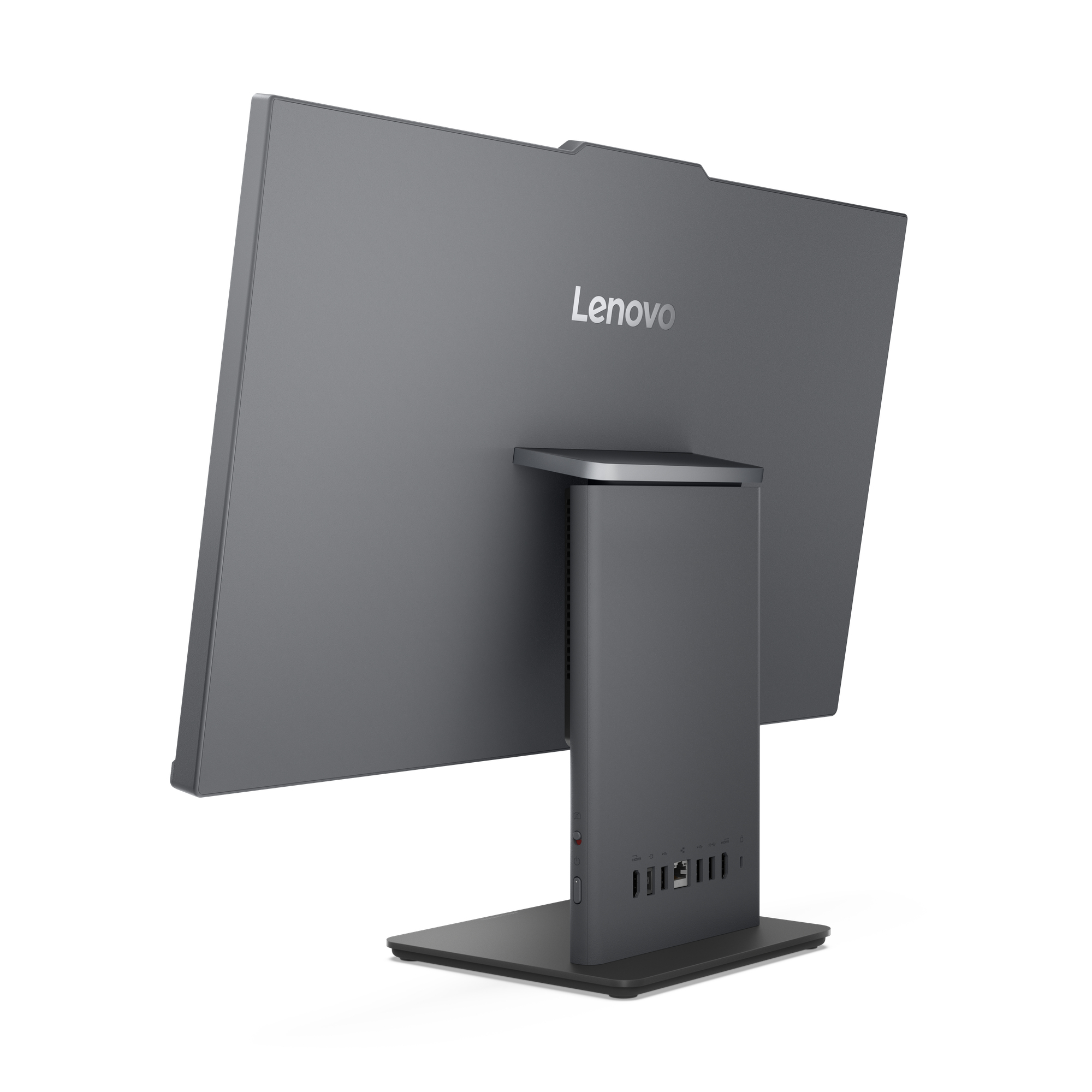 Vista posteriore di un computer all-in-one Lenovo grigio con porte sul supporto su sfondo bianco.