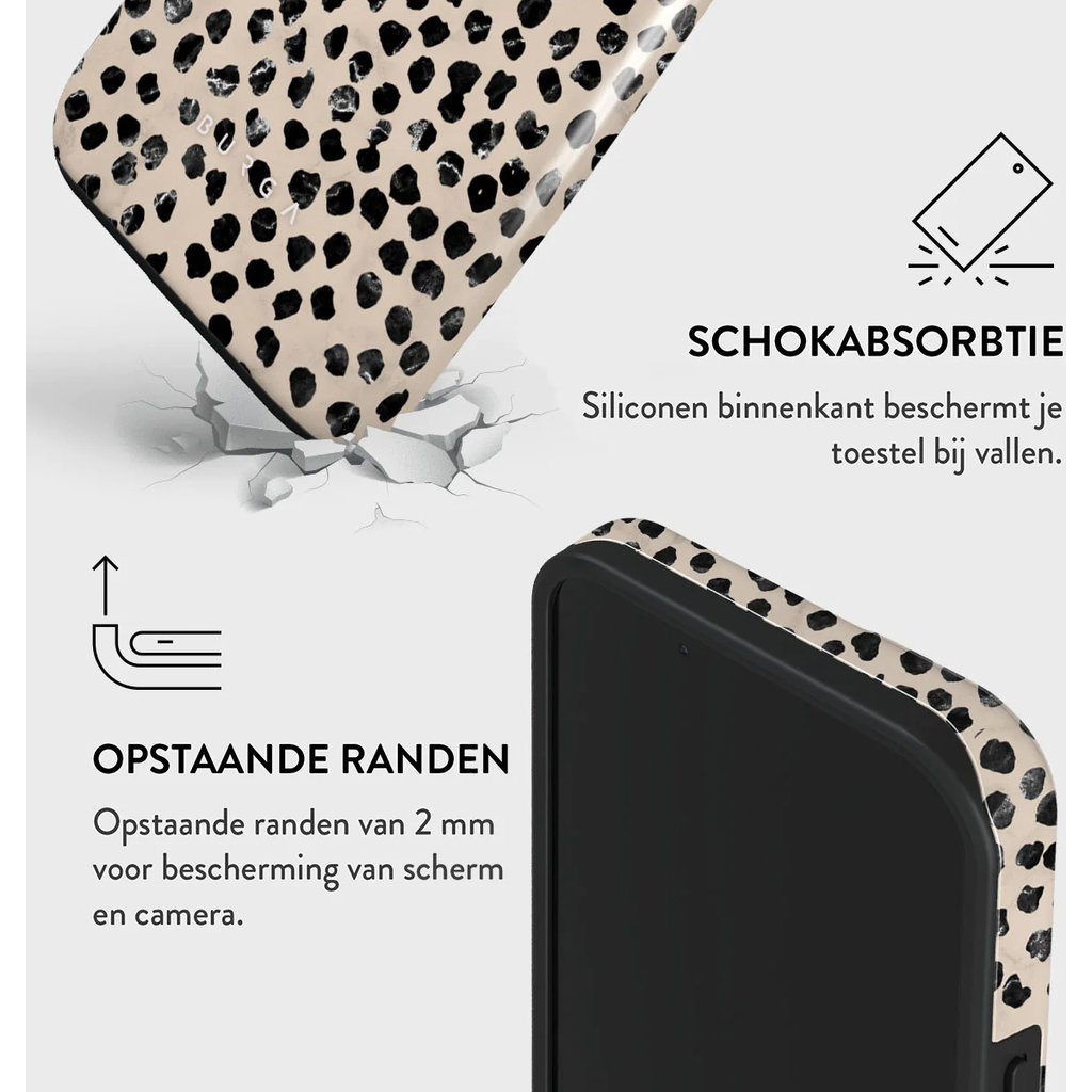 Custodia per smartphone con macchie di leopardo nere, mostra assorbimento urti e bordi rialzati.