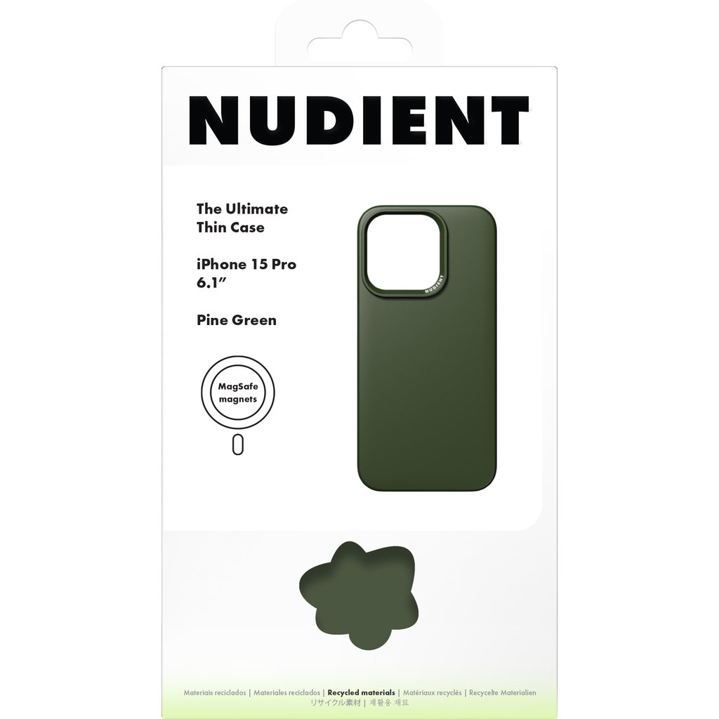 Emballage de coque Nudient vert pin pour iPhone 15 Pro, avec texte et icône MagSafe.