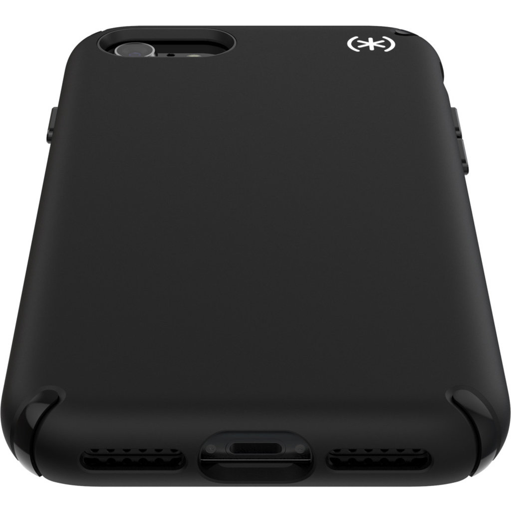 Eine mattschwarze Smartphone-Hülle mit Kameraausschnitt, weißem Logo und Öffnungen für Lautsprecher und Ladekabel.