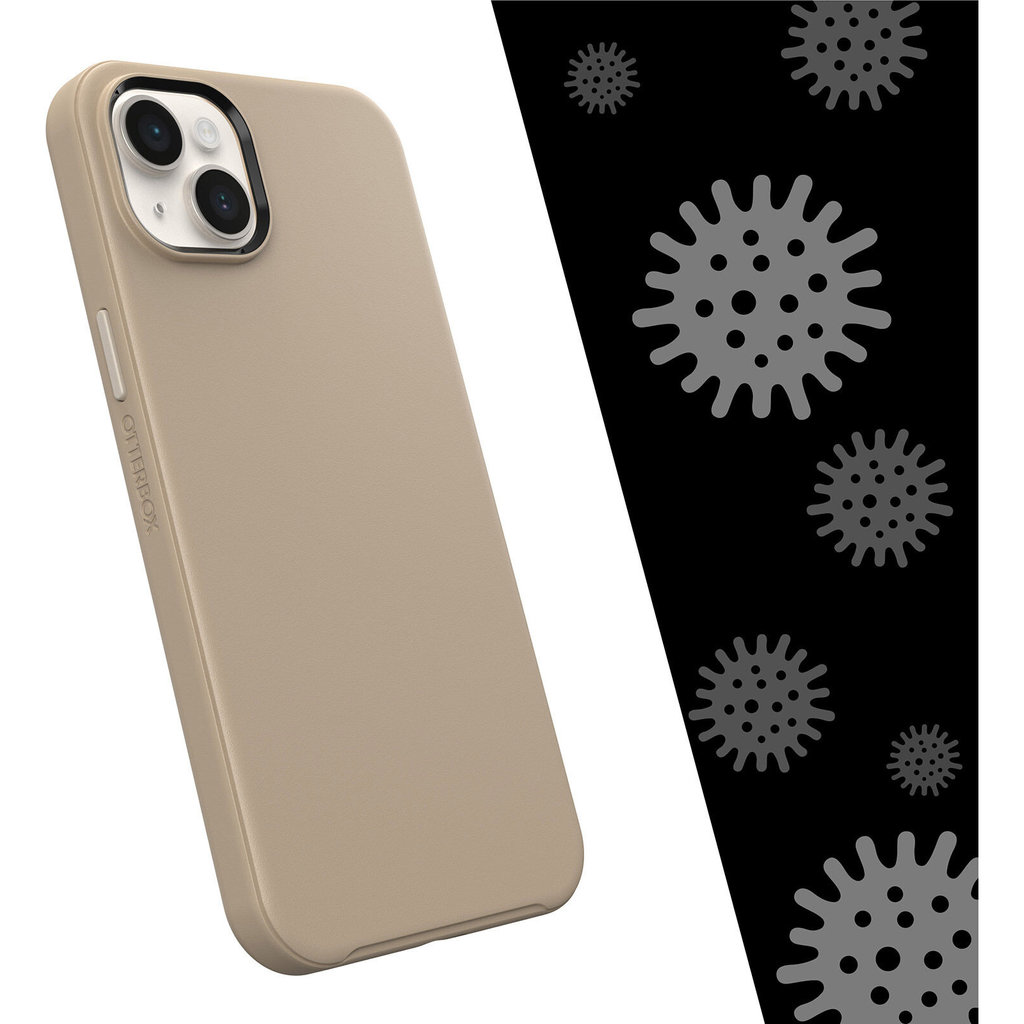 Eine beigefarbene OtterBox-Handyhülle schräg links vor schwarzem Hintergrund mit grauen Viren.