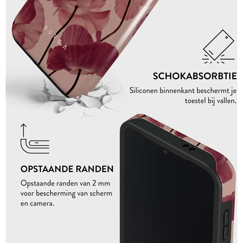 Publicité montrant l'absorption des chocs et les bords surélevés d'une coque de téléphone florale.