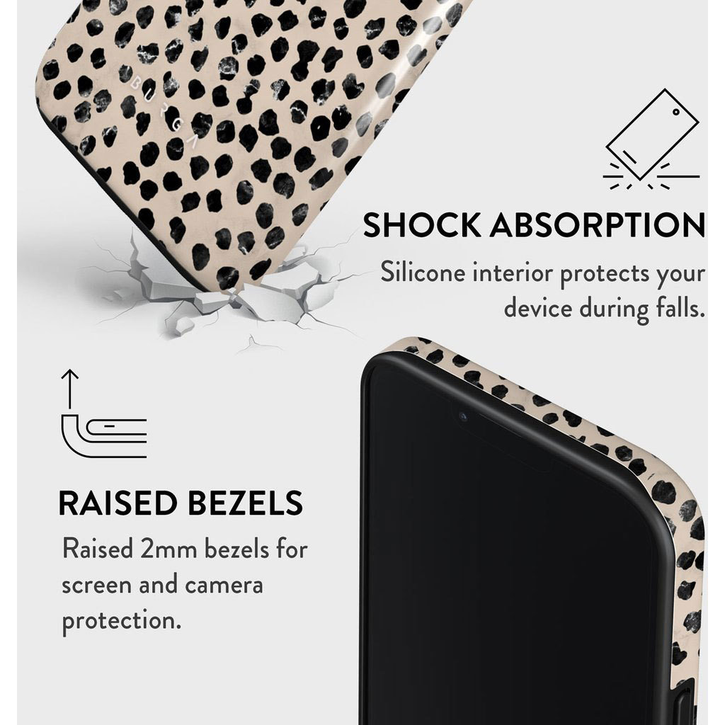 Cover leopardata che evidenzia l'assorbimento degli urti e bordi rialzati.