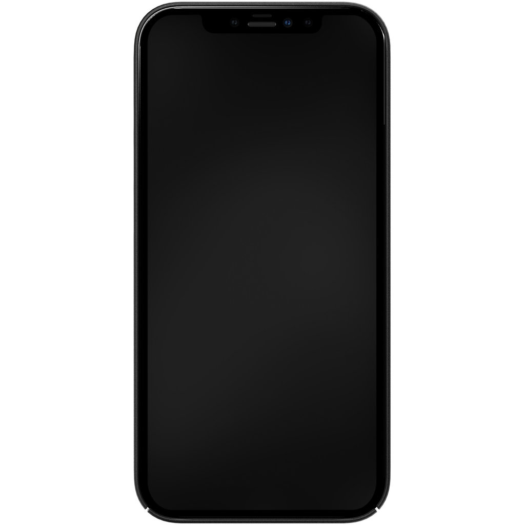 Uno smartphone con schermo nero e notch superiore, su sfondo neutro.