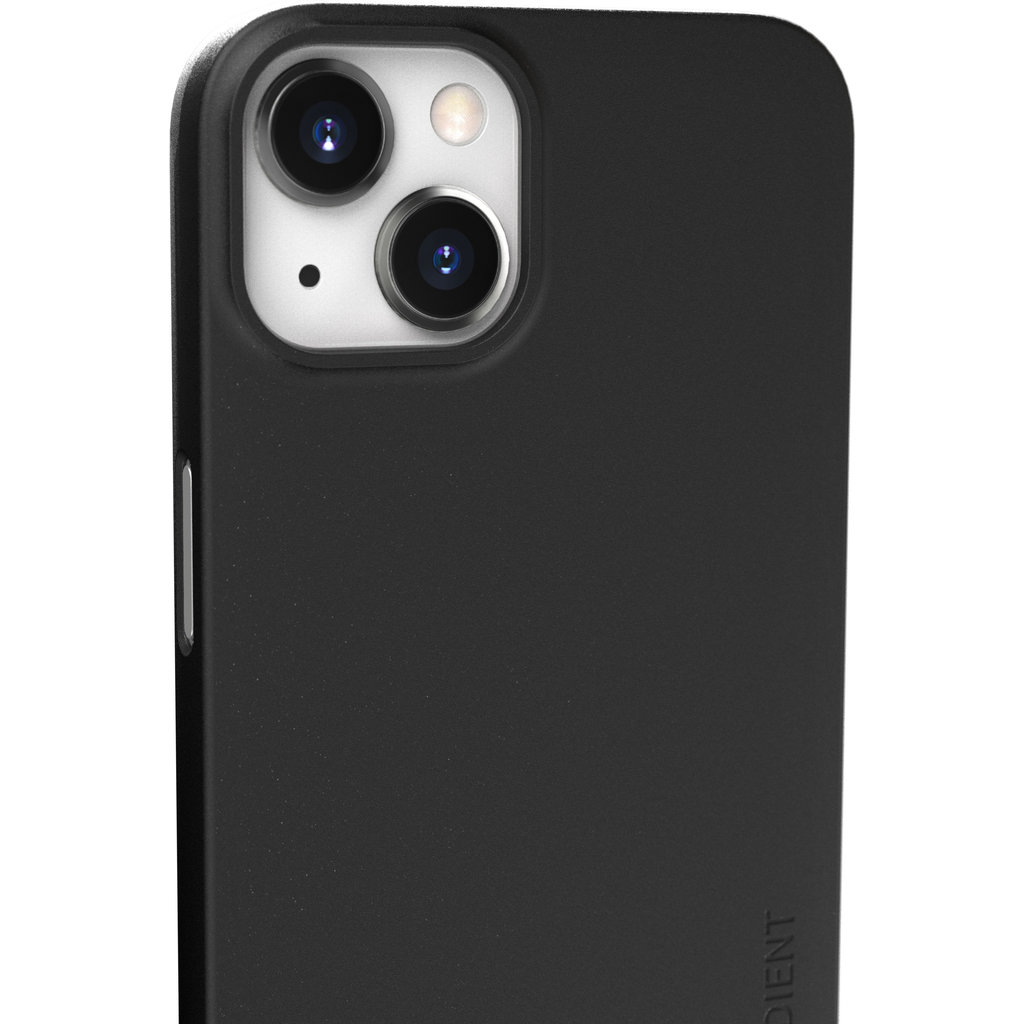 Custodia per smartphone nera con due obiettivi fotografici in alto a sinistra su sfondo bianco.